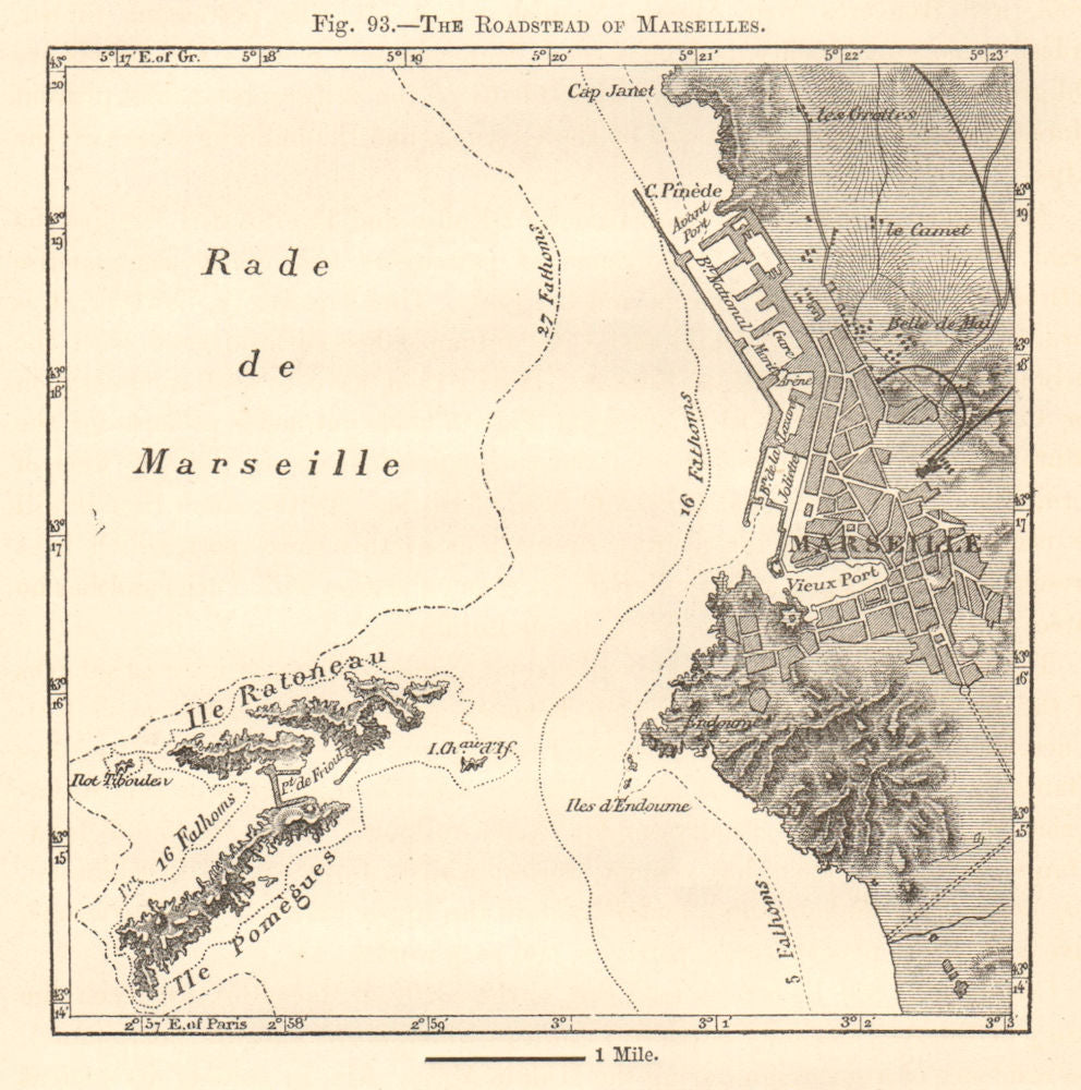 Roadstead of / Rade de Marseilles. Bouches-du-Rhône. Sketch map 1885 old
